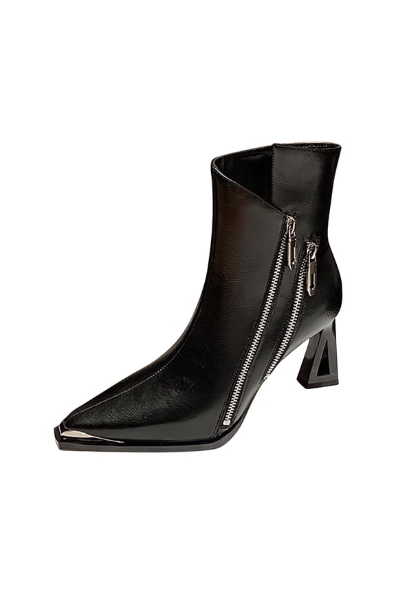 Black Women Metal Pointed French Slim Heel Hollow Short Boots Casual Outdoor Shoes With High Heel And Elegant Design