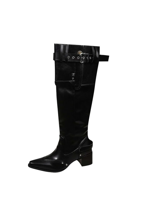 Black Women Mid Heel Mid Calf Boots Belt Buckle Pointed Toe Thick Heel High Boots Fall Winter Fashion Trend Comfortable Boots