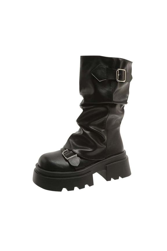 Black Women Mid Heel Mid Calf Boots Belt Buckle Thick Heel Thick Sole Fall Winter Fashion Trend Comfortable Boots