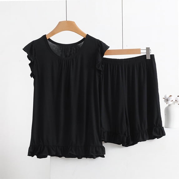 Black Women Pajama Sets Ladies' Spring and Summer Solid Color Casual Drawstring Shorts Short Sleeve Pajamas Women's Shorts Home Set