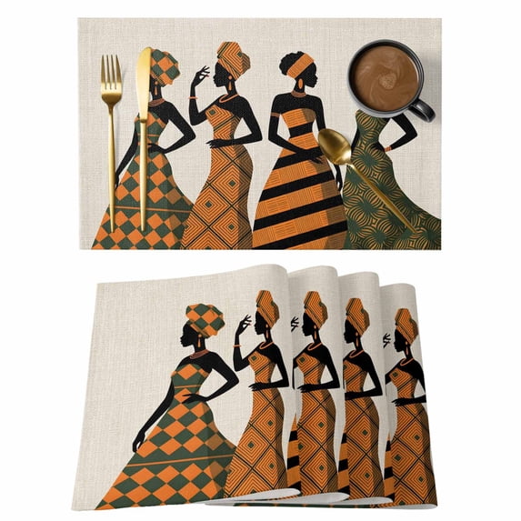 Black Women Placemats Set of 6, Boho Retro Tribal Southwestern Stripe Placemats for Dining Table, Place Mats for Kitchen Tabletop, Waterproof Wipeable Dining Table Mats Set