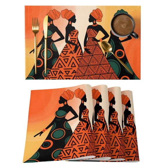 Black Women Placemats Set of 8, African Southwestern Boho Orange Yellow Placemats for Dining Table, Place Mats for Kitchen Tabletop, Waterproof Wipeable Dining Table Mats Set
