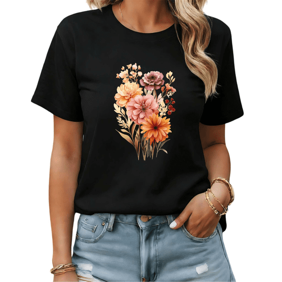 Black Women Print Tshirt Graphic Tees Shirts Floral Bouquet Warm Tone Fall Outdoor Casual Comfort Wear S-5XL Tops