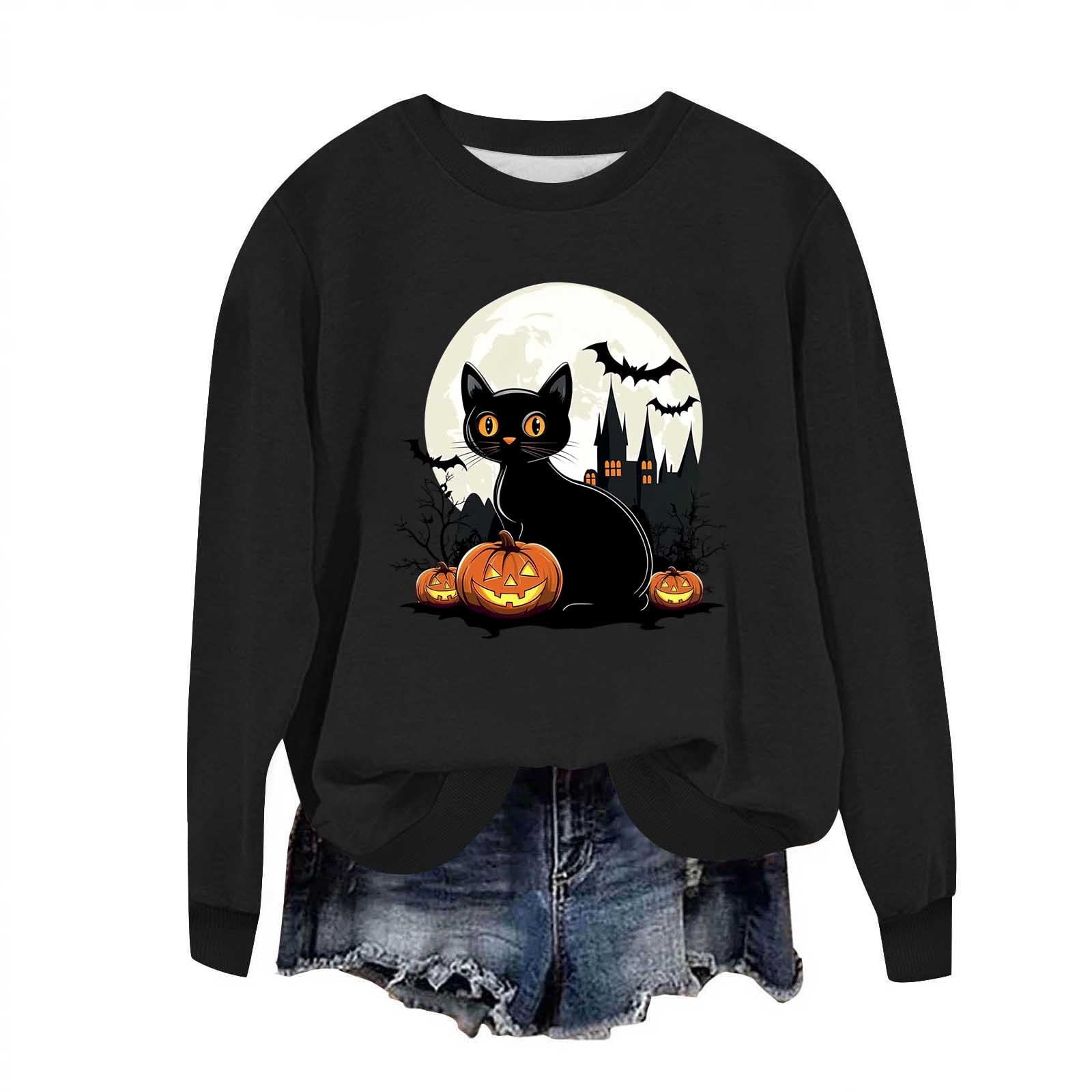 MAYRAIN Women's Long Sleeve Cat Print Sweatshirt - Warm Fleece Lined Pullover, Crewneck Winter Top
