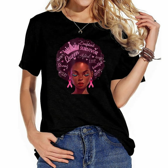 Black Women Queen Stronger Than Breast Cancer Pink Ribbon T-Shirt Black