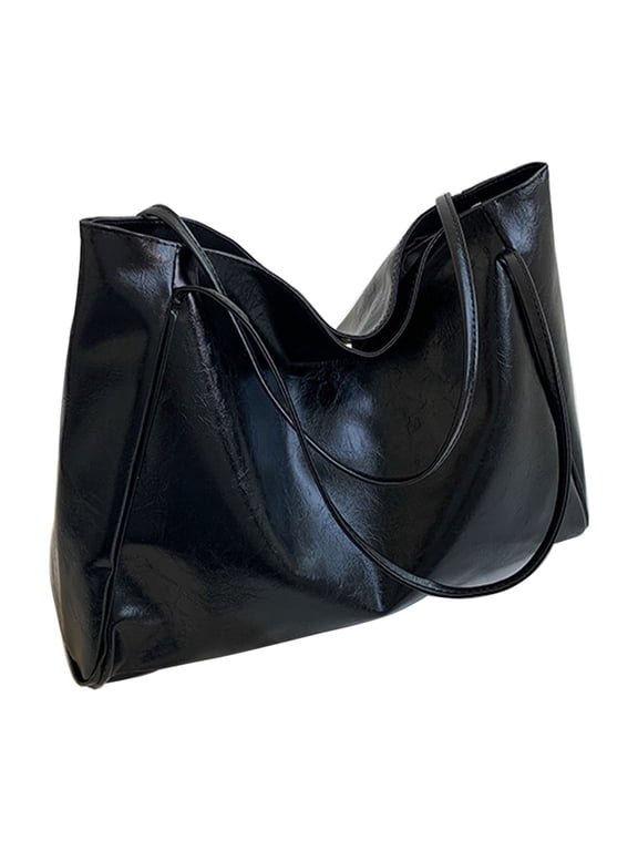 Black Women Retro Pu Leather Tote Bag Oversized Soft Shoulder Purse Large Capacity Bucket Bag Trendy Handcarry Vintage Style Daily Commute Essential #f3w4f