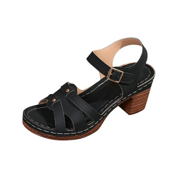 Black Women Roman Sandals With Open Toe For Indoor And Outdoor Use One-Line Buckle Thick Heel Pu Construction