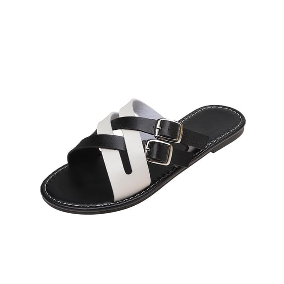 Black Women Round Toe Flat Slippers Color Block Buckle Design Indoor ...