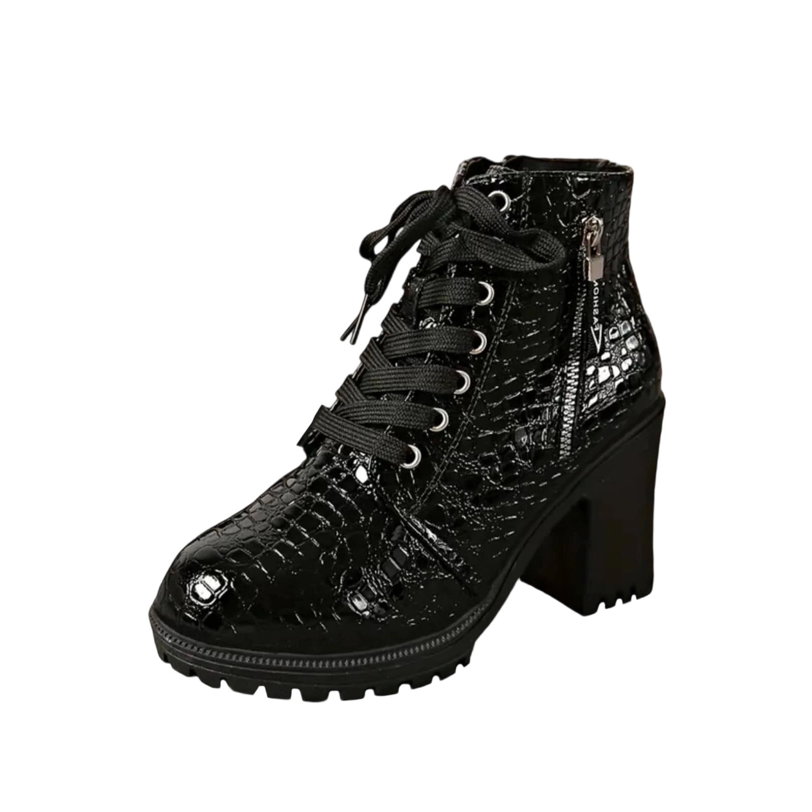 Black Women'S Ankle Boots Chunky Heel Pointed Toe Lace-Up Comfortable ...