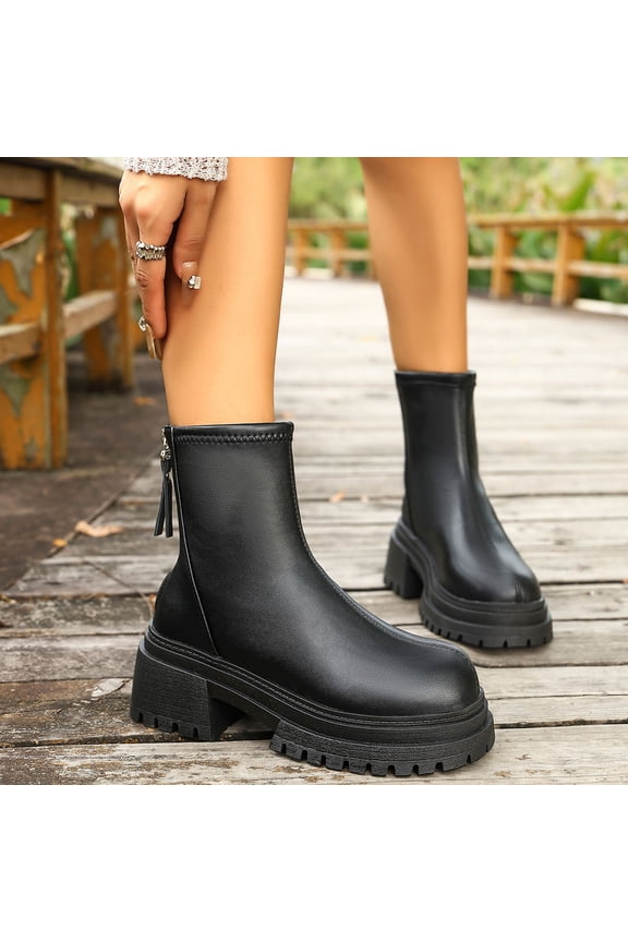 Black Women'S Ankle Boots Solid Color Winter Casual Round Toe Back Zipper Thick Sole Chunky Low Heel Non Slip Warm Daily Outdoor Wear Size 39