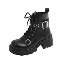 Black Women'S Ankle Boots With A Motorcycle Inspired Design, Belt Buckle Accent, Round Toe, And Chunky Heel