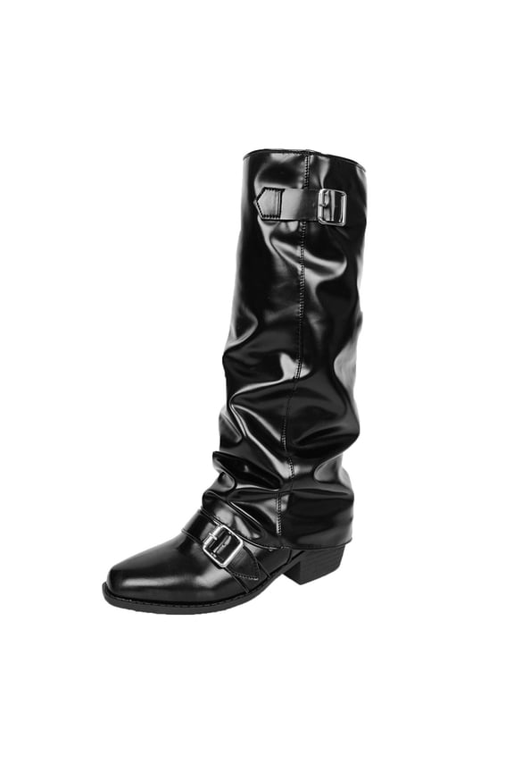 Black Women'S Boots For Winter Pointed Toe Belt Buckle Details Mid-Heel 5.5 Cm Height For Leisure Activities