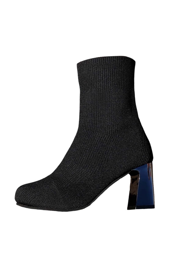 Black WomenâS Boots Mid Calf Winter Knitted Stretch Fabric Square Toe Block Heel Fashion Casual Outdoor Comfortable Slip On Mesh Upper Elastic Design Size 42 Foot Length 10.24 Inches