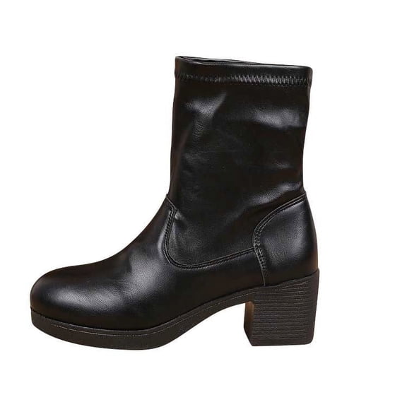Black Women S Boots With 2 Inch Chunky Heel And Round Toe Design For Plus Size Wear In Leisure And Daily Settings