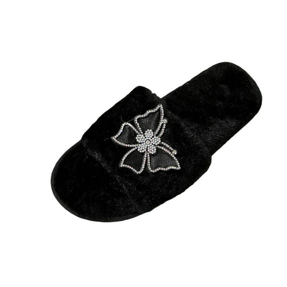 Black Women'S Bow Decor Indoor Slippers Soft Flat Bottom Comfortable ...