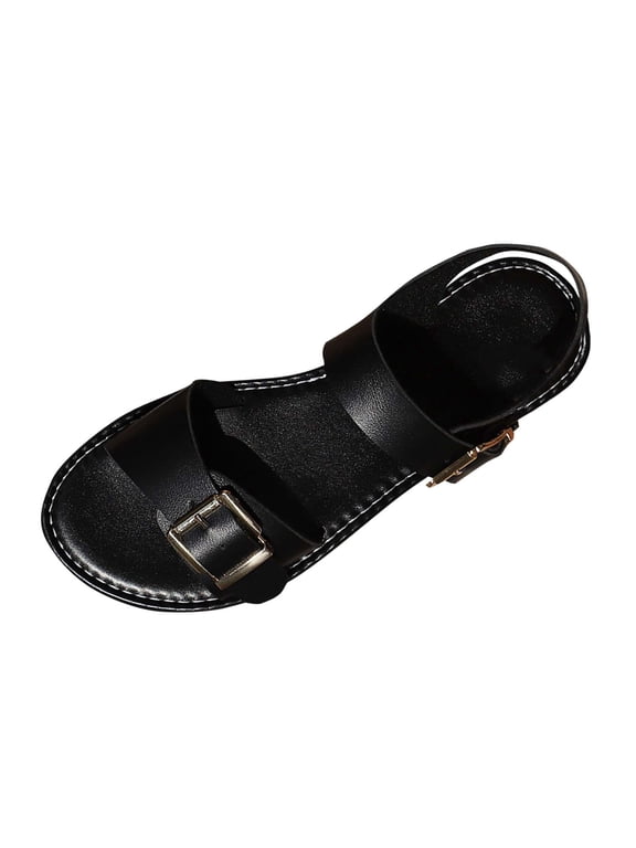 Black Women'S Buckle Accent Sandals With A Comfortable Flat Sole, Ideal For Spring And Summer