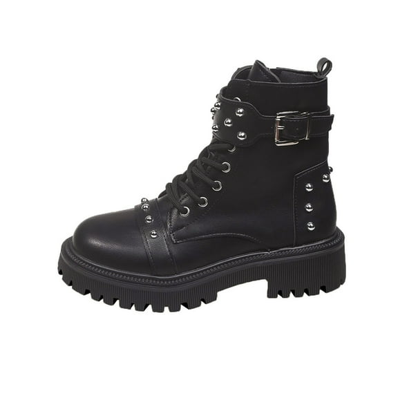 Black Women'S Casual Boots Feature A Round Toe Lace-Up Front Decorative Belt Buckle Thick Sole For Grounded Feel