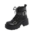 thumbnail image 1 of Black Women'S Casual Boots With A Biker Style, Round Toe, Lace-Up Front, Belt Buckle, Mid Heel For Height, 1 of 9