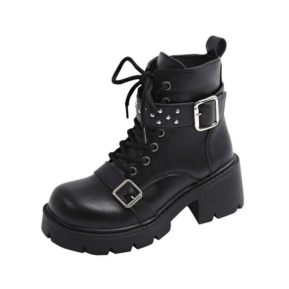 Black Women'S Casual Boots With A Biker Style, Round Toe, Lace-Up Front, Belt Buckle, Mid Heel For Height