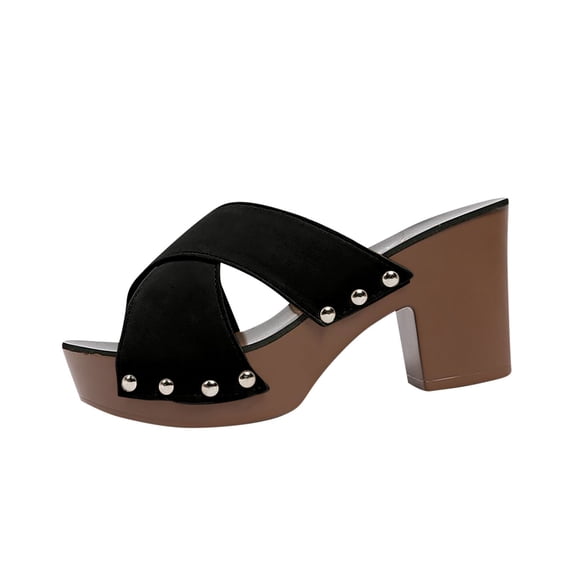 Black Women'S Casual Open Toe High Heel Shoes, Solid Color Cross Strap Thick Heel Summer
