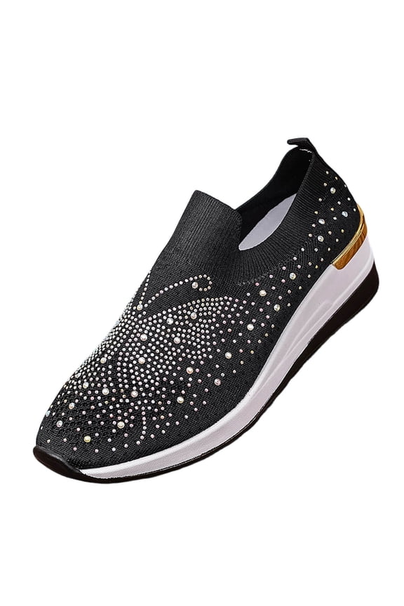 Black Women'S Casual Shoes Wedge Heel Breathable Plus Size Diamond Studded Fly Woven Comfortable Outdoor Indoor Slip On Style 1 Pair