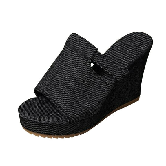 Black Women'S Casual Slide Mules Feature A Round Open Toe Denim Upper Wedge Heel For A Relaxed Vibe