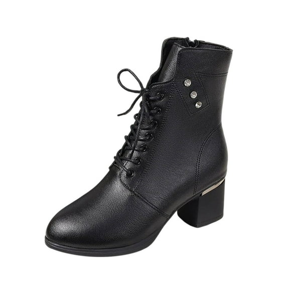 Black Women'S Casual Winter Boots With Front Lace-Up And Side Zipper Chunky Heel Round Toe High Heel Design