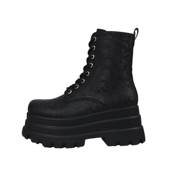 Black Women'S Chunky Boots With Patterned Upper, Round Toe, Lace-Up, Platform, Side Zipper For A Standout Style