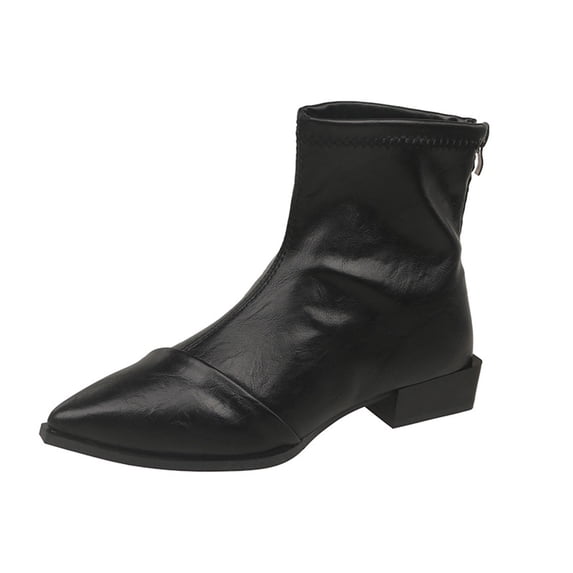Black Women'S Chunky Heel Boots With A Sleek Pointed Toe Back Zipper Spliced Accent For A Fashion Forward Look