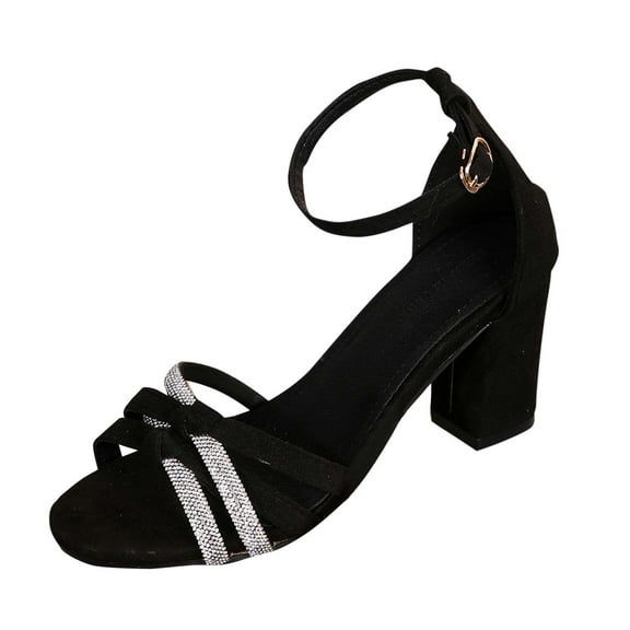 Black Women'S Chunky Heel Sandals With Letter Strap Detail, Perfect For Summer Vacation And Resort Wear