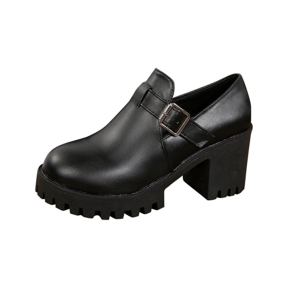 Black Women'S Chunky Loafers Platform High Heel Shoes Round Toe Slip-On Comfortable Faux Leather Buckle Decor Casual Dress Shoes Size 36