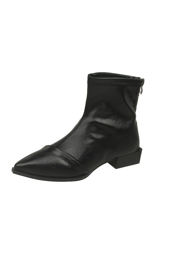 Black Women'S Comfortable Booties With A Pointed Toe Back Zipper And A Supportive Chunky Low Heel