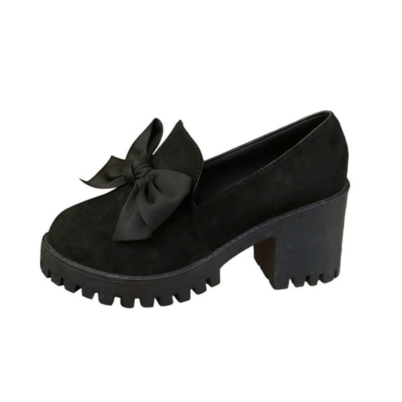 Black Women'S Comfortable Heeled Loafers With A Round Toe Platform Base Chunky Heel With Embellishments