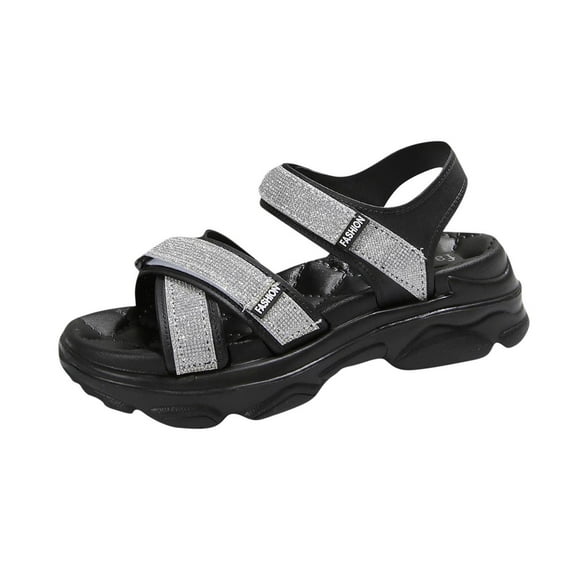 Black Women'S Comfortable Wedge Sandals With Glittery Straps Round Open Toe Platform For Fun Nights Out