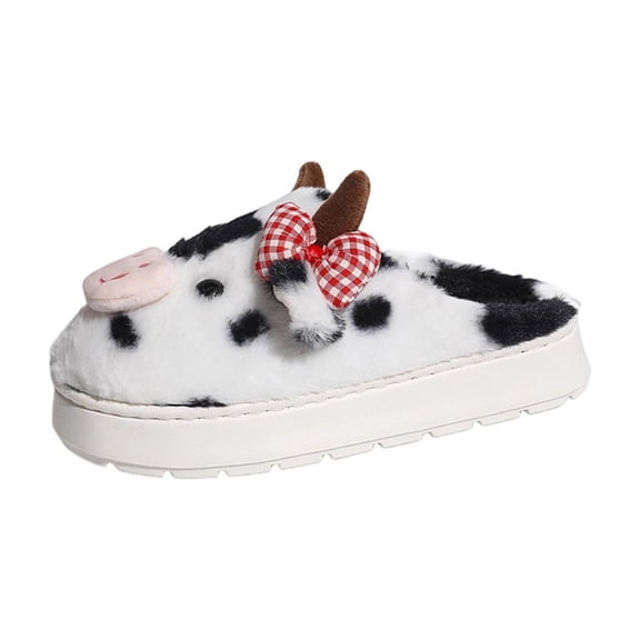 Black Women'S Cozy Slippers Cute Cow Print Plaid Fleece Lined Warm Thick Sole Non-Slip Indoor Home Sandals Closed Toe Fall Winter Comfortable Wear