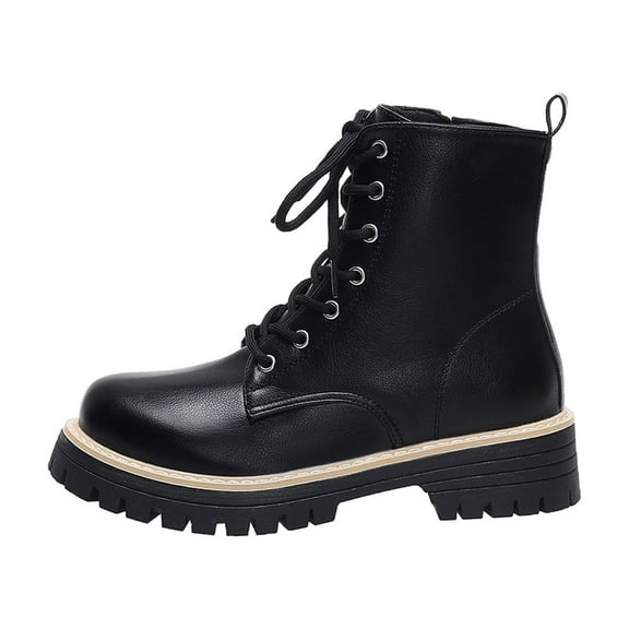 Black Women'S Elegant Cozy Winter Boots With Round Toe Design And Lace-Up Closure With Side Zipper Low Heel For Leisure Wear