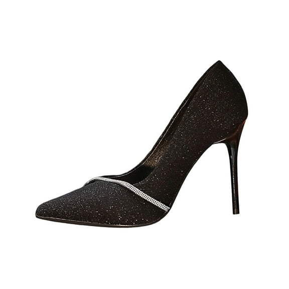Black Women Classy Thin Heel Pointed Toe Rhinestone Business Shoes Shallow Mouth Mesh Comfortable Versatile Office Use