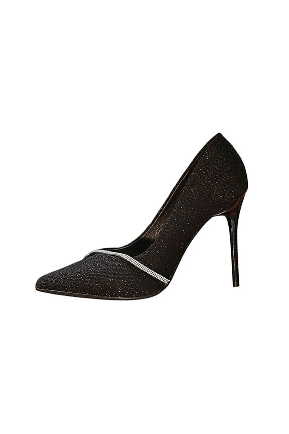 Black Women'S Elegant High Heels With Rhinestone Detail, Pointed Toe And Thin Heel For Work