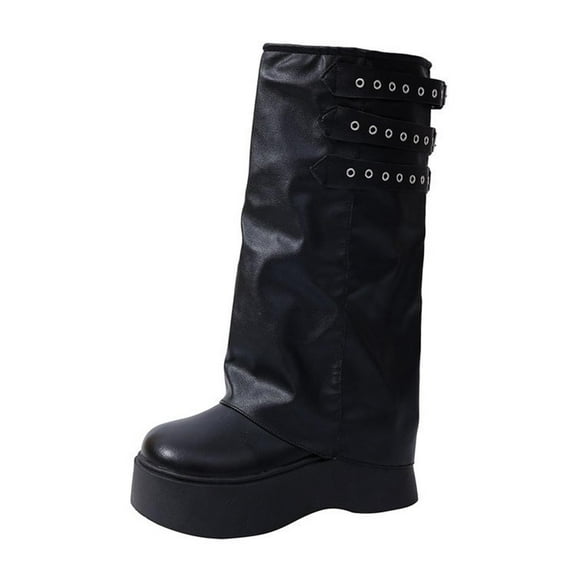 Black Women'S Elevated Knee-High Boots With A Secure Fit And Trendy Appearance, Perfect For Casual Use