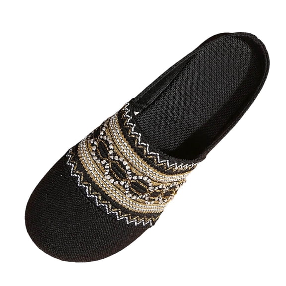 Black Women'S Embroidered Mules With Bead Accents Comfortable Casual Everyday Wear Slip On Lightweight Soft Sole Breathable Linen Like Fabric Size 41