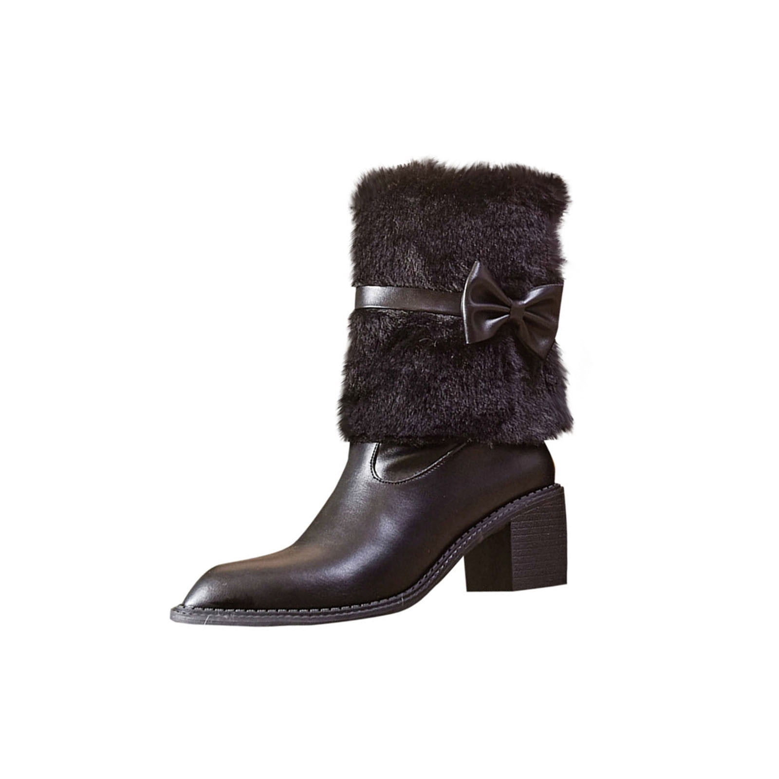 Black Women'S Fashion Ankle Boots Chunky Heel Pointed Toe Bowknot ...