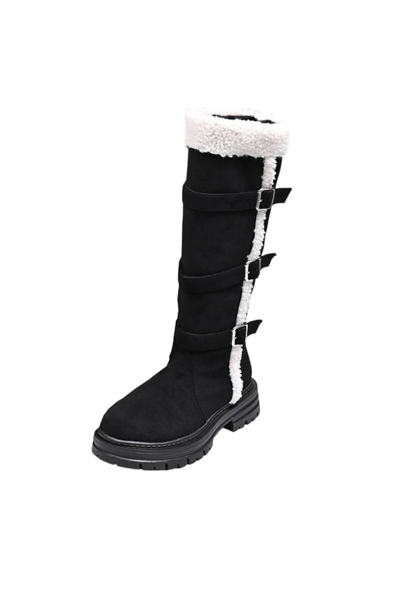Black Women'S Fashion Boots Comfortable Warm Mid Calf Boots Snow Boots Block Heel Slip On Size 38 Foot Length 9.45 Inches Shaft Height Approx 10 Inches
