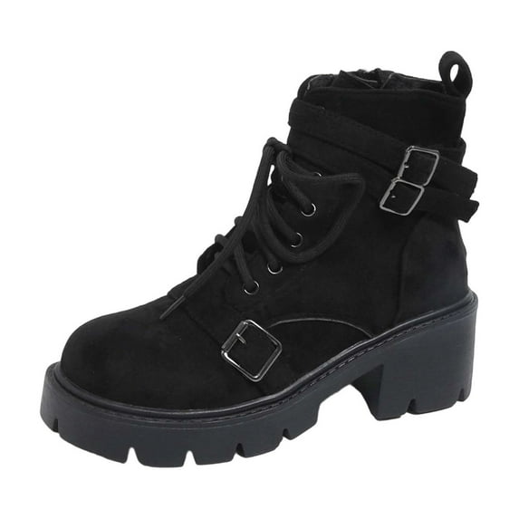Black Women'S Fashion Boots Versatile Short Solid Color Round Toe Front Lace-Up Thick Heel Mid-Heel For Outdoor Leisure