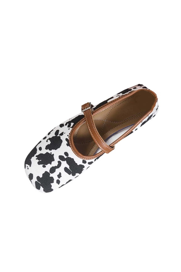Black Women'S Fashion Flats Ballet Style Shoes Cow Print Design Buckle Strap Soft Sole Slip On Casual Footwear For All Year Round Size Eu39 1Pc 0.60 Lbs