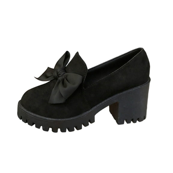 Black Women'S Fashion Loafers With A Round Toe High Chunky Heel Platform And Decorative Details For Flair