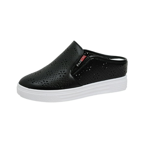 Black Women'S Fashion Slip-Ons With Floral Embroidered Look Cut-Outs Round Toe Thick Platform Wedge Heel