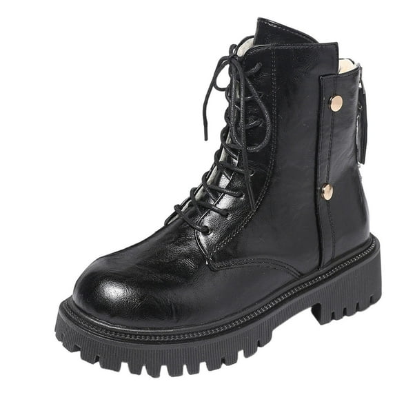 Black Women'S Fashion Winter Boots Ankle High Lace Up Flat Round Toe ...