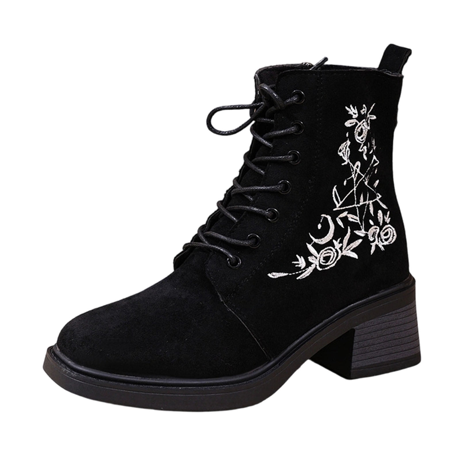 Black Women'S Fashion Work Boots Ankle Lace Up Side Zipper Round Toe ...