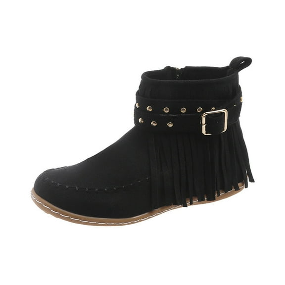Black Women'S Flat Heel Boots With Tassel And Buckle, Side Zipper Closure For A Snug Fit And Fashionable Look