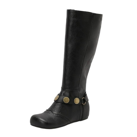 Black Women'S Flat Knee High Boots With Round Toe And Lace-Up Belt Buckle Design For Winter Casual Wear Pu Leather Comfort Fit
